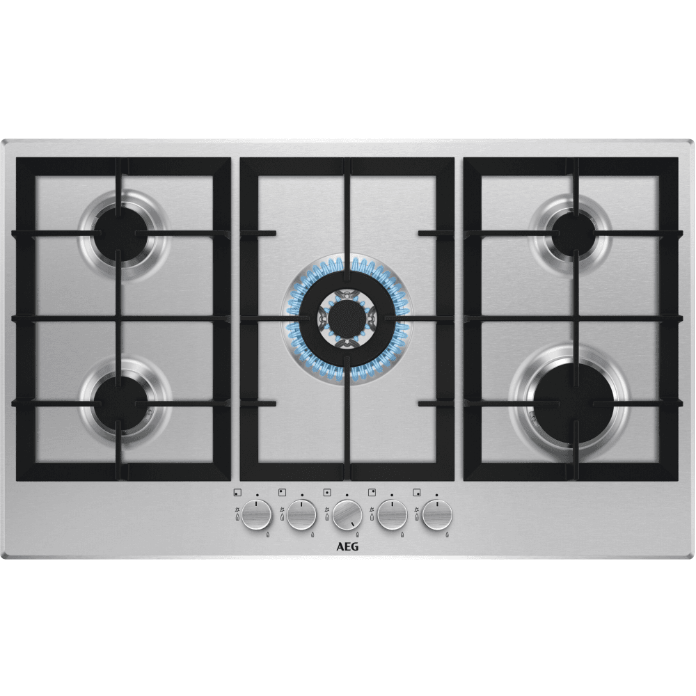 AEG 90cm wide 5 burner gas hob with 1 triple crown burner.
