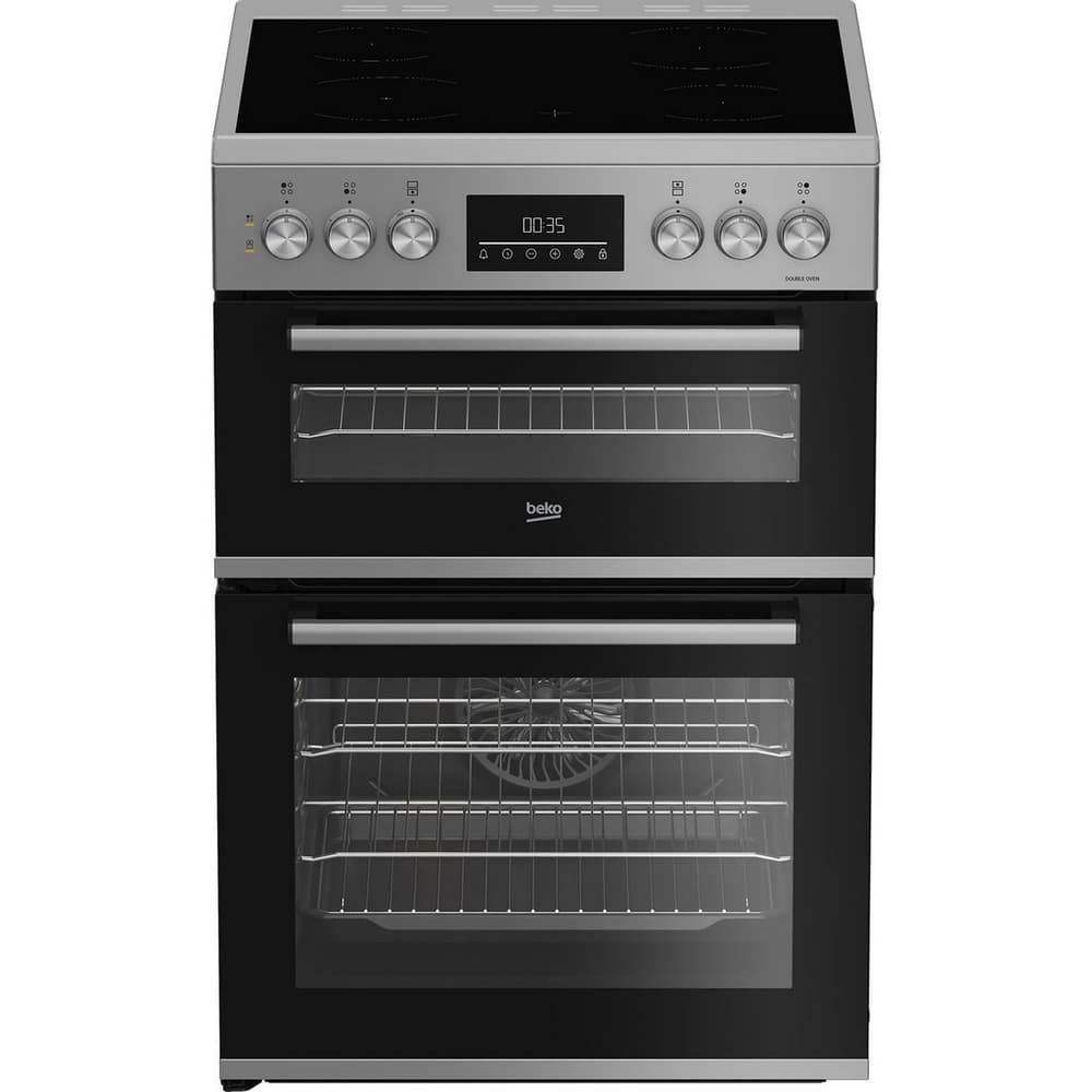 60cm Double Oven Electric Cooker with Vitroceramic Hob - Silver