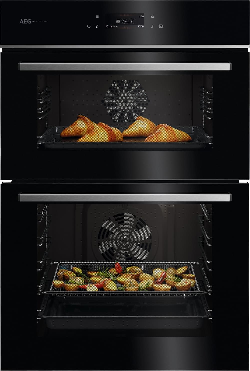 59.4cm Built In Electric Double Oven - Gloss Black with Steel Trim