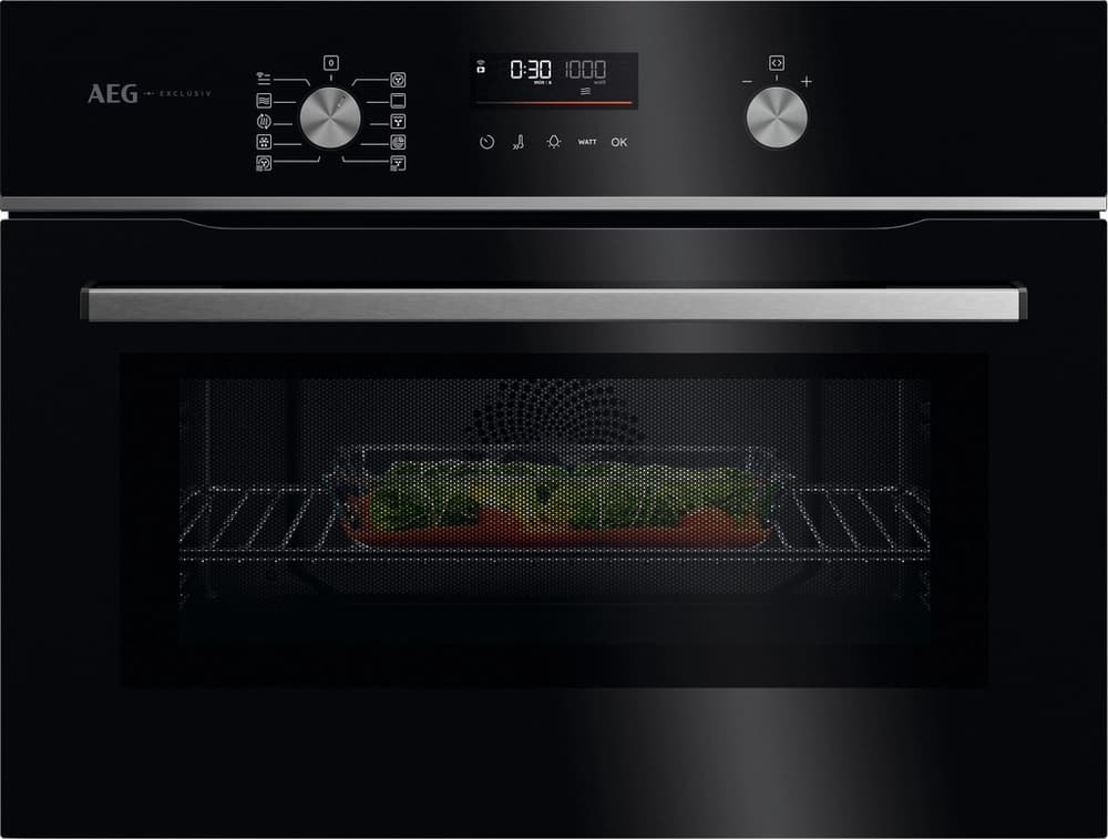59.5cm Compact Combi Microwave Oven - Gloss Black with Steel Trim