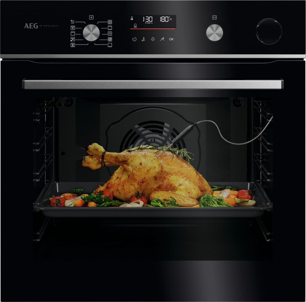 59.6cm Built In Electric Single Oven - Gloss Black with Steel Trim