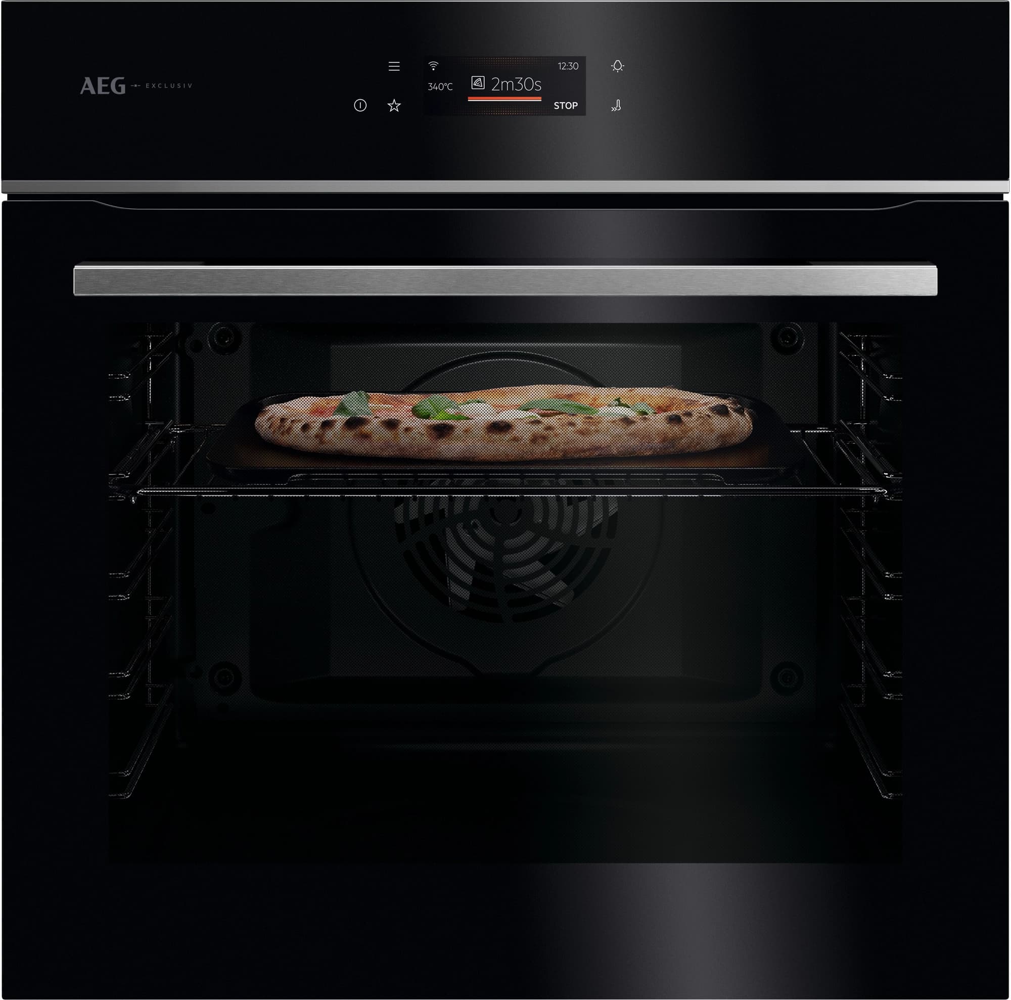59.6cm Built In Electric Single Oven with PizzaExpert - Gloss Black with Steel Trim