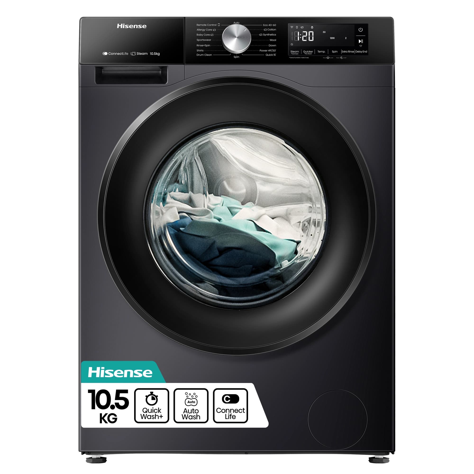 10.5kg 1400 Spin Steam Washing Machine - Black