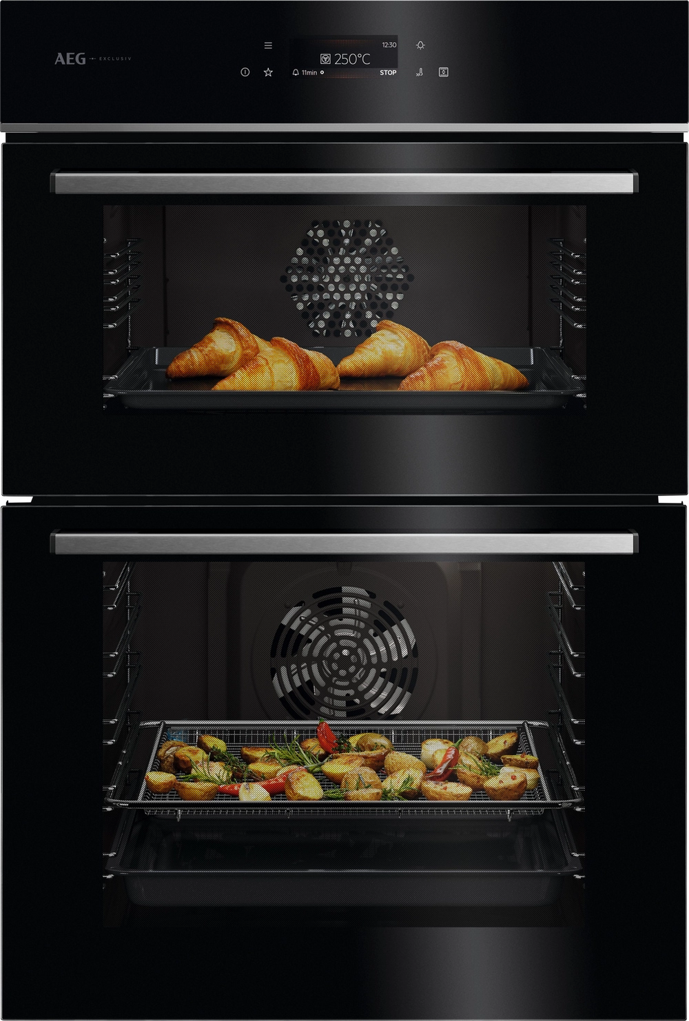 59.4cm Built In Electric Double Oven - Gloss Black with Steel Trim
