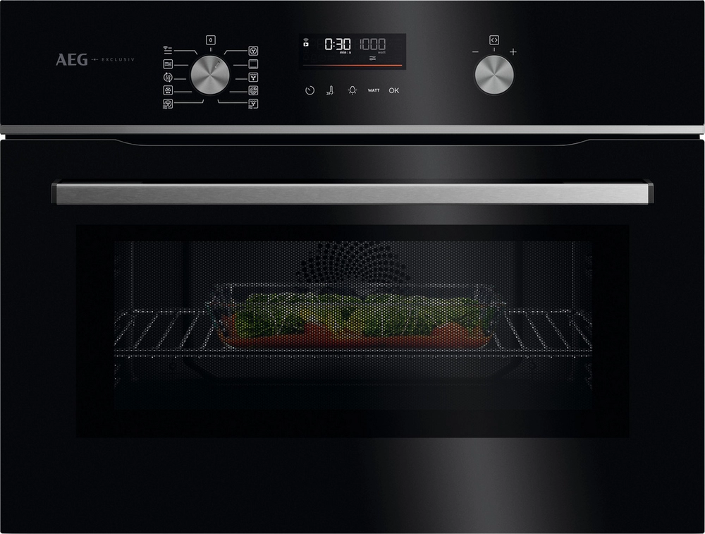 59.5cm Compact Combi Microwave Oven - Gloss Black with Steel Trim