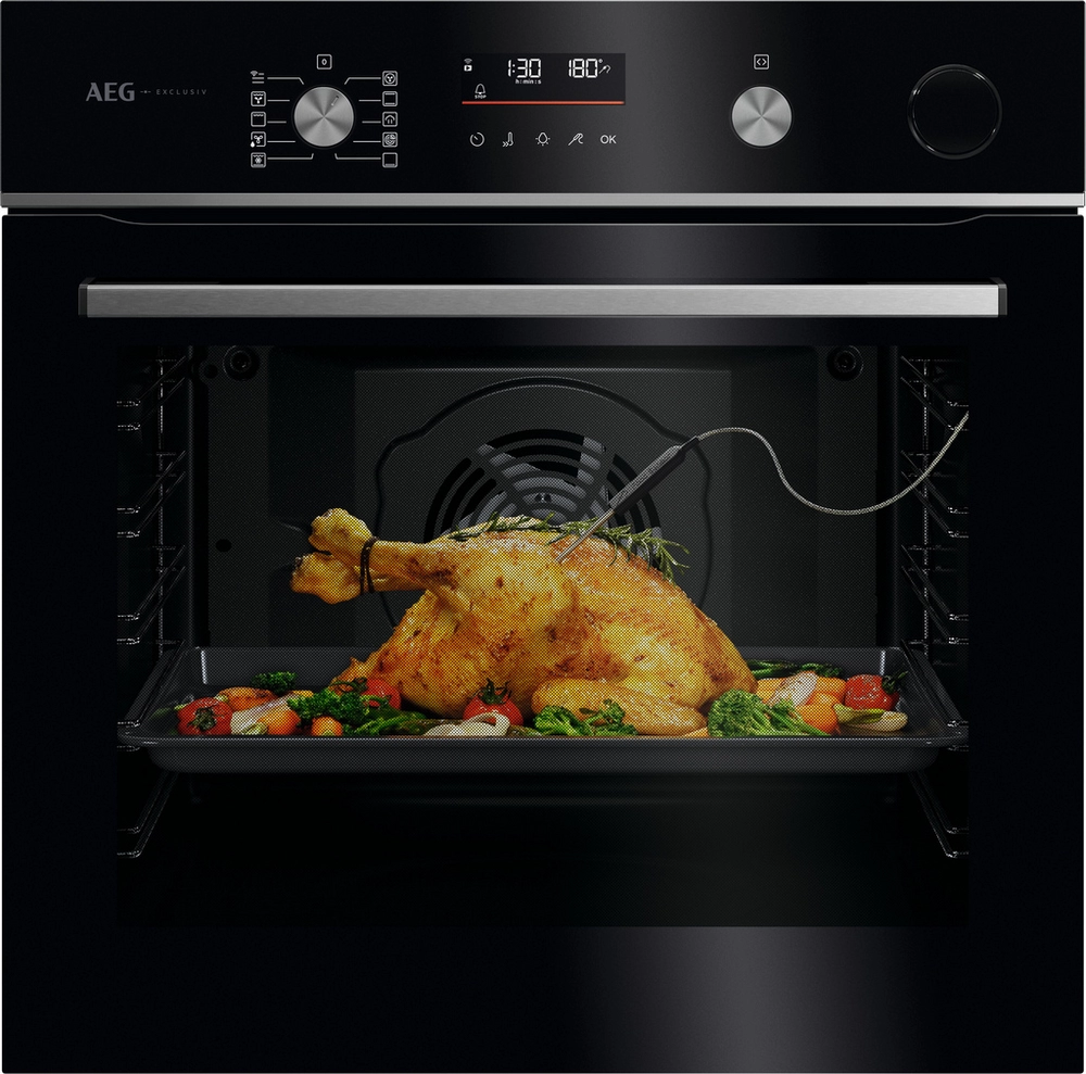 59.6cm Built In Electric Single Oven - Gloss Black with Steel Trim